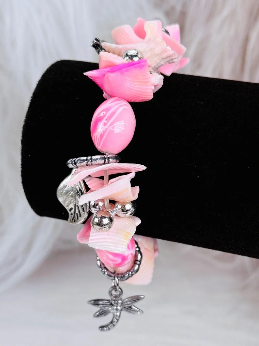 Island beach chic pink and silvertone charm stretch bracelet